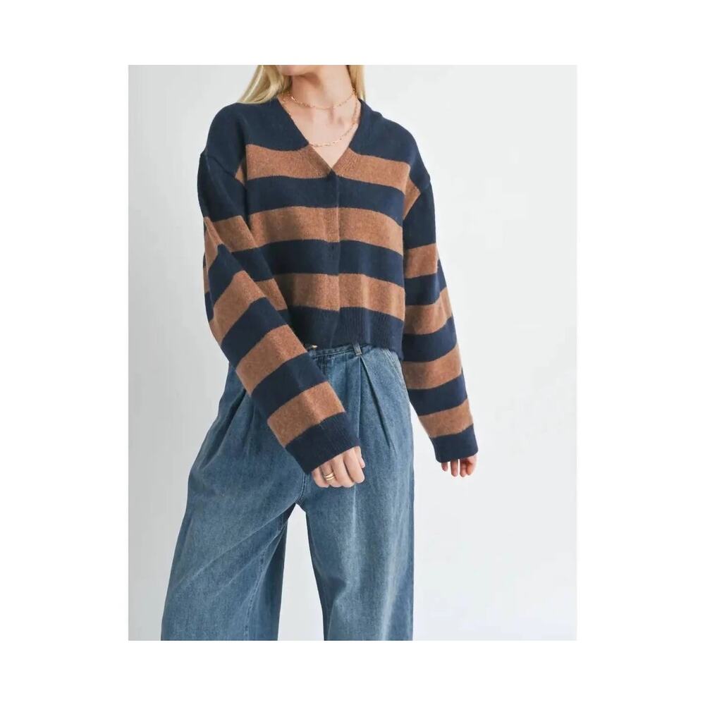 $95 New Sage The Label Liana Bold Stripe Cardigan Sweater - Navy Camel - Small